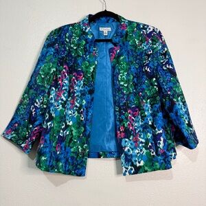Kim Rogers Floral Blue and Green Women's Open Front Blazer. Sz 14P.